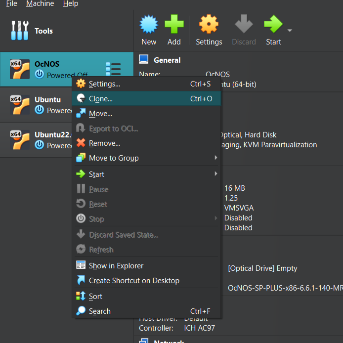 Klik kanan pada OcNOS VM